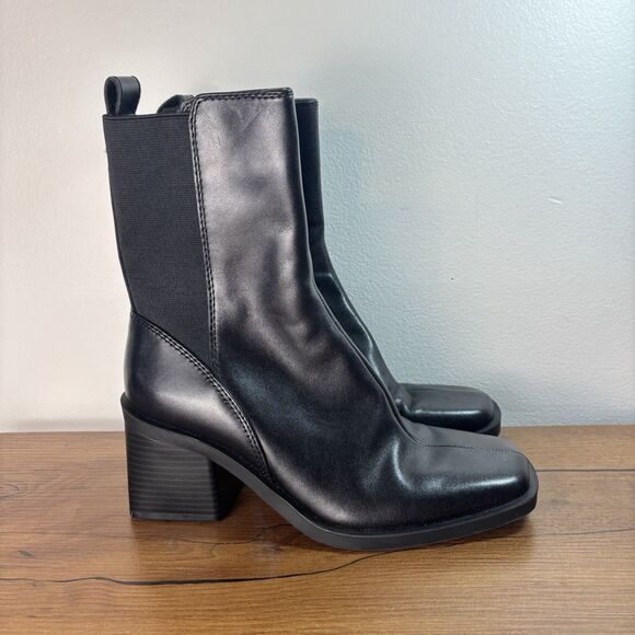 Zara Black Block Heel Leather Ankle Boots Square Toe Pull On Size 37 / 6.5 - Picture 1 of 9